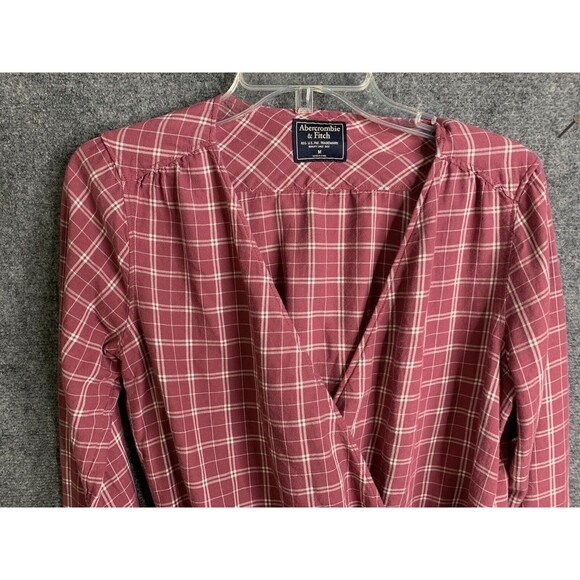 Abercrombie & Fitch Crop Wrap Top Long Sleeve Pink M Plaid Side Tie Soft Viscose - Picture 2 of 11